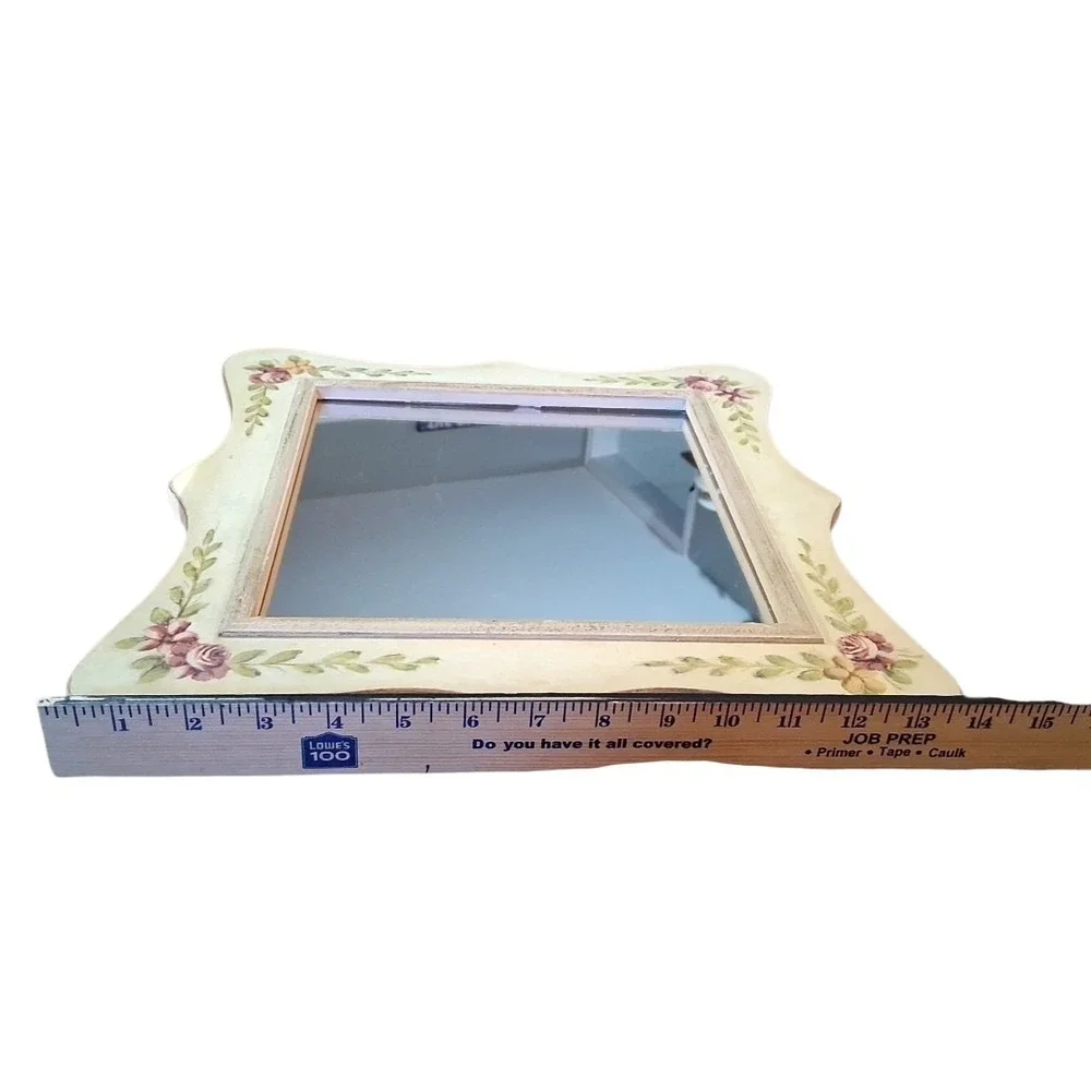Cottage Core French Country Antiqued Green Pink Yellow Floral Wall Mirror 15.5